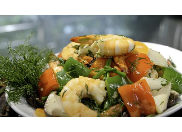 Tôm xào hành nấm hương